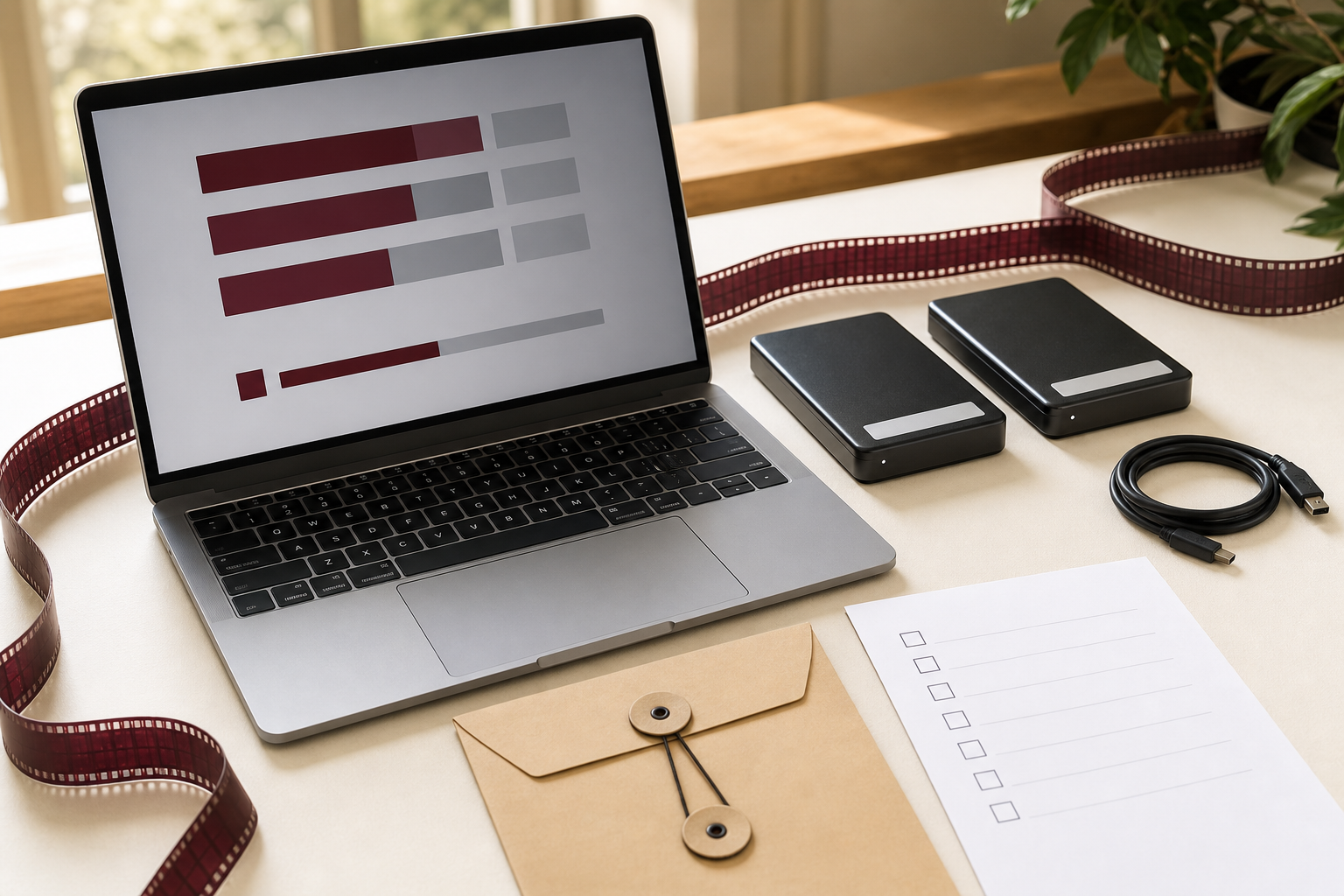 Laptop e supporti di consegna video su scrivania chiara
