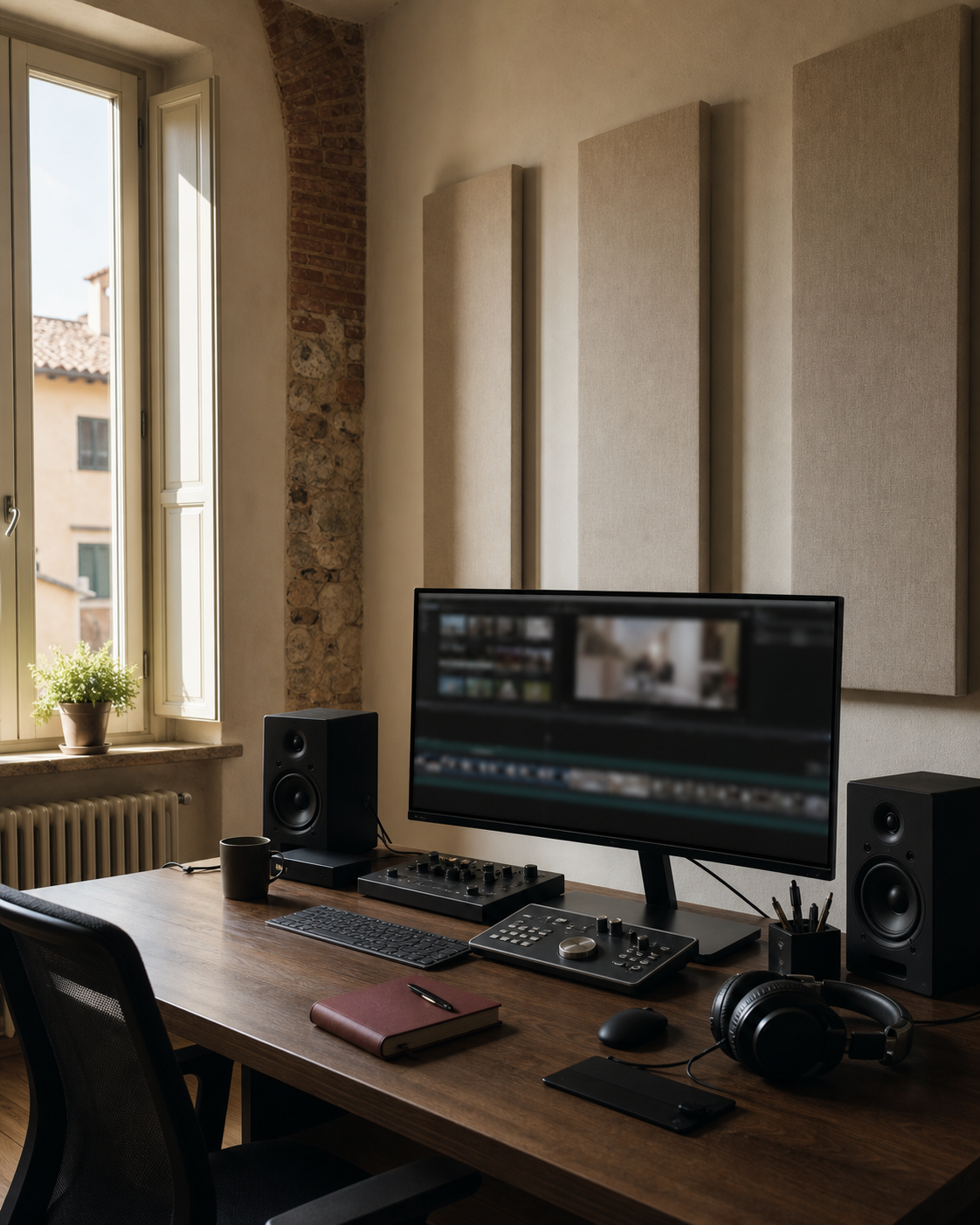 Angolo di studio per post-produzione video con luce naturale